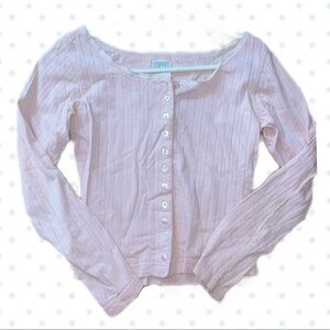 🪽 Light Pink Ribbed Button-Front Cropped Long Sleeve Top